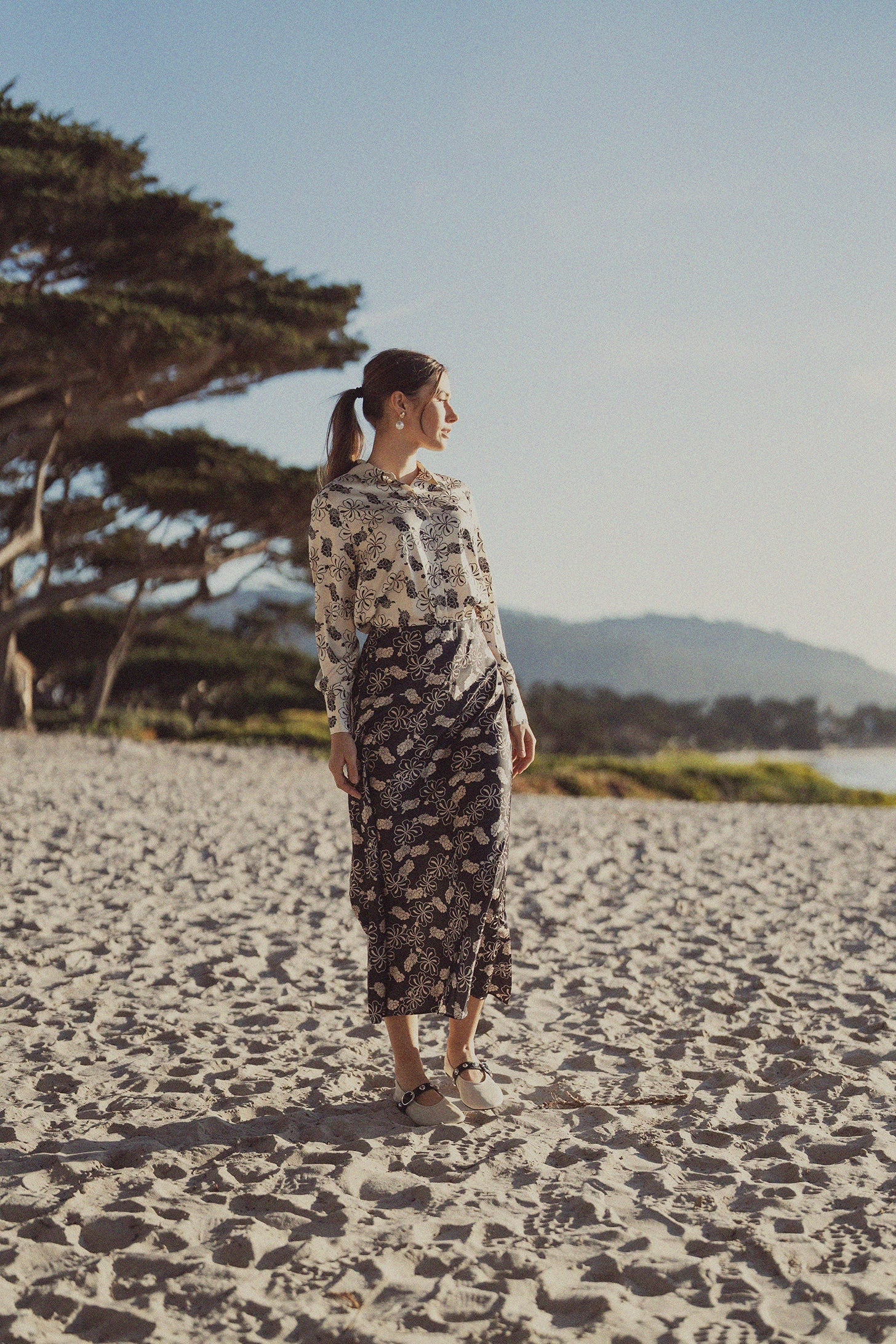 Oversized Faux Satin Blouse-Navy/Taupe Floral