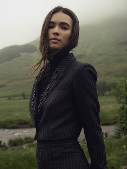 Herringbone Crop Beaded Blazer-Grey/Black