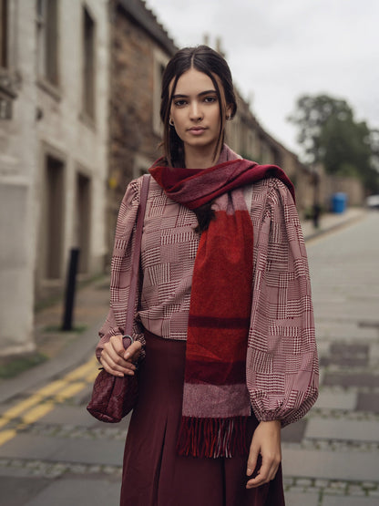 Houndstooth Blouson Sleeve Blouse-Burgundy