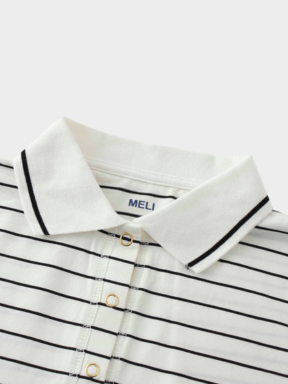 Striped Collar Snap Tee-Ivory/Black