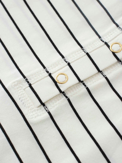 Striped Collar Snap Tee-Ivory/Black