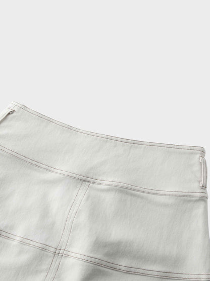 Stitched Tiered Belted Denim Skirt-Cream