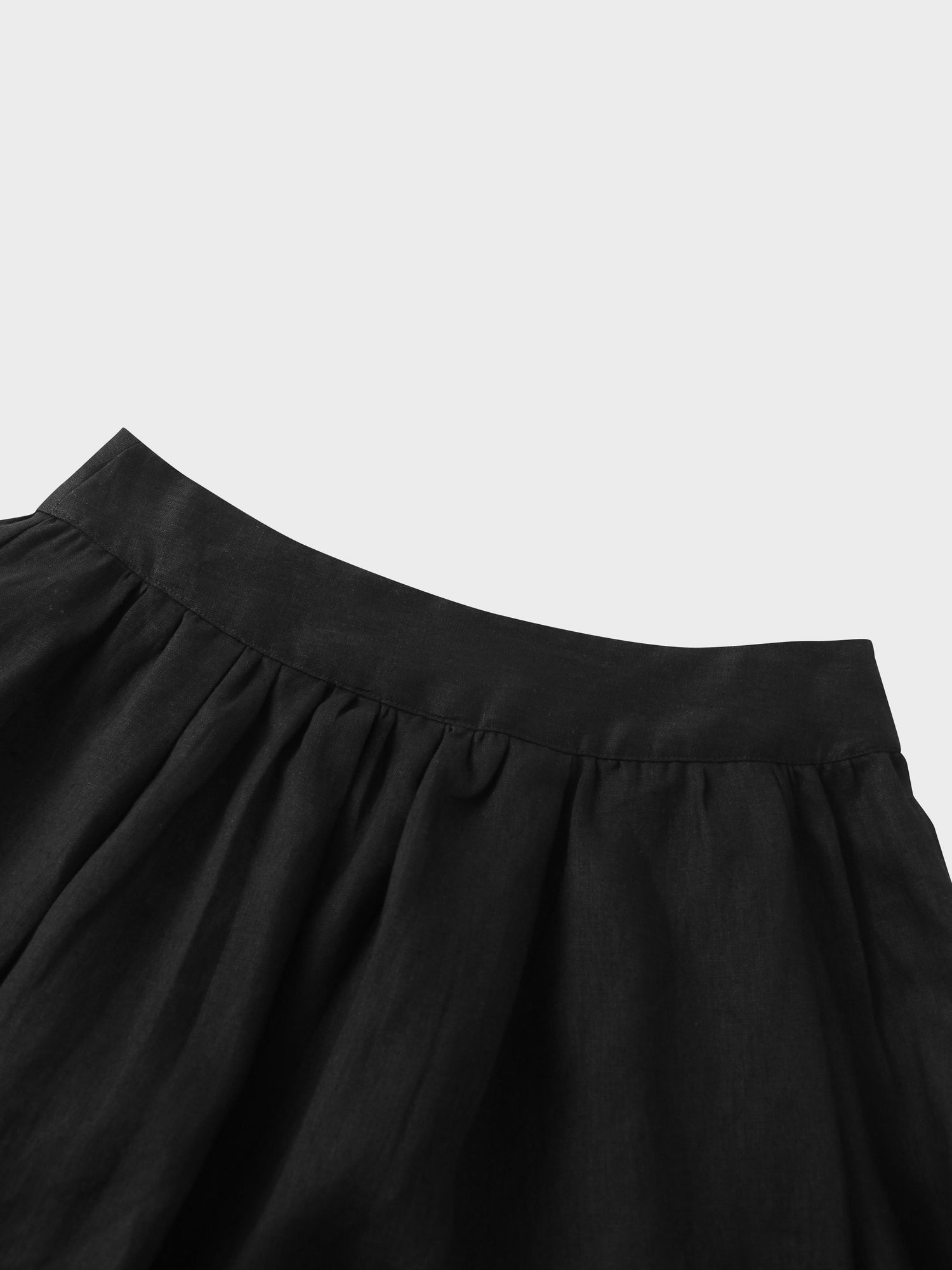Gathered Waist Linen Skirt-Black
