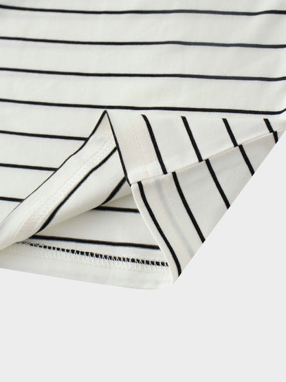Striped Collar Snap Tee-Ivory/Black