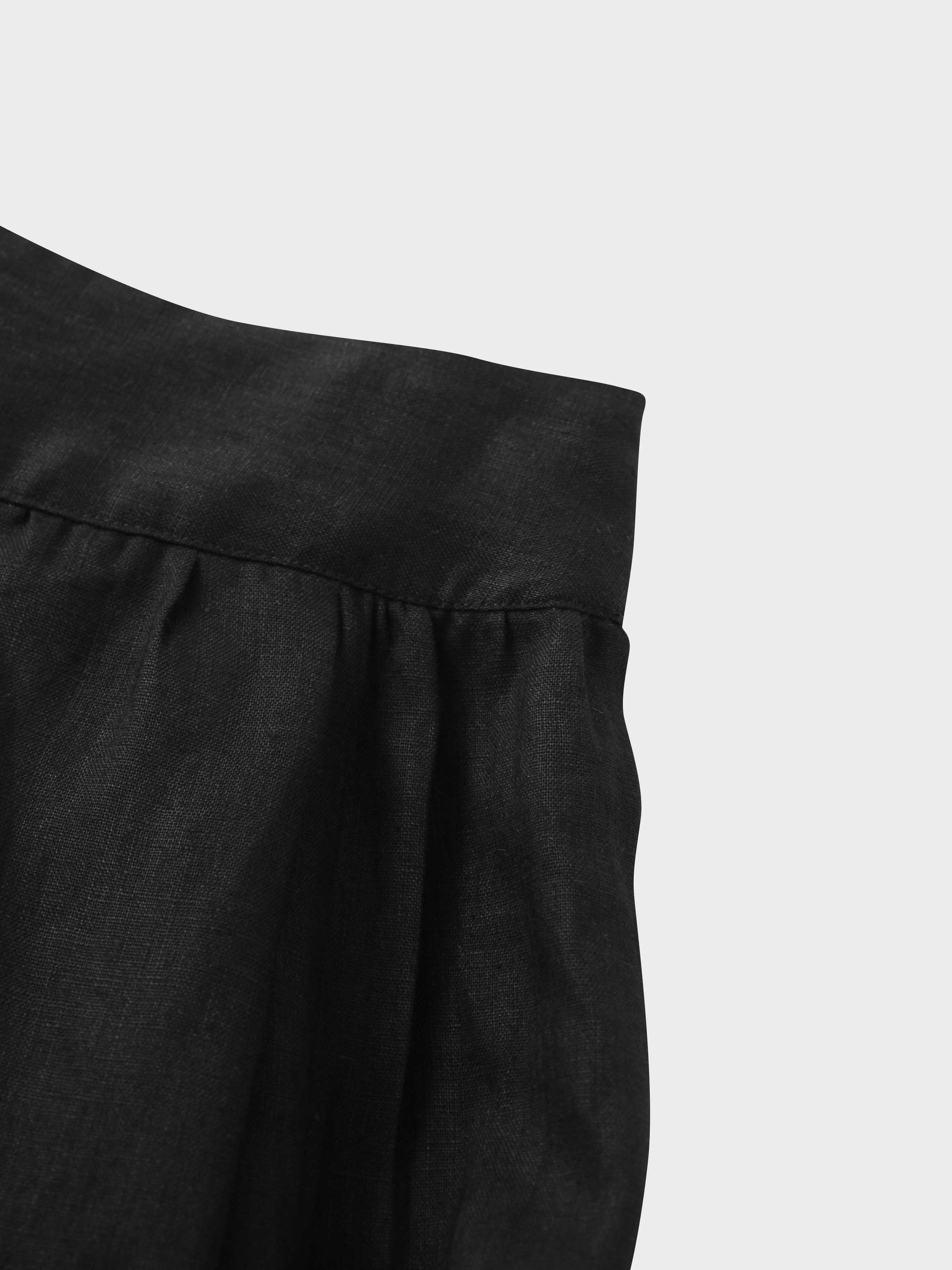 Gathered Waist Linen Skirt-Black