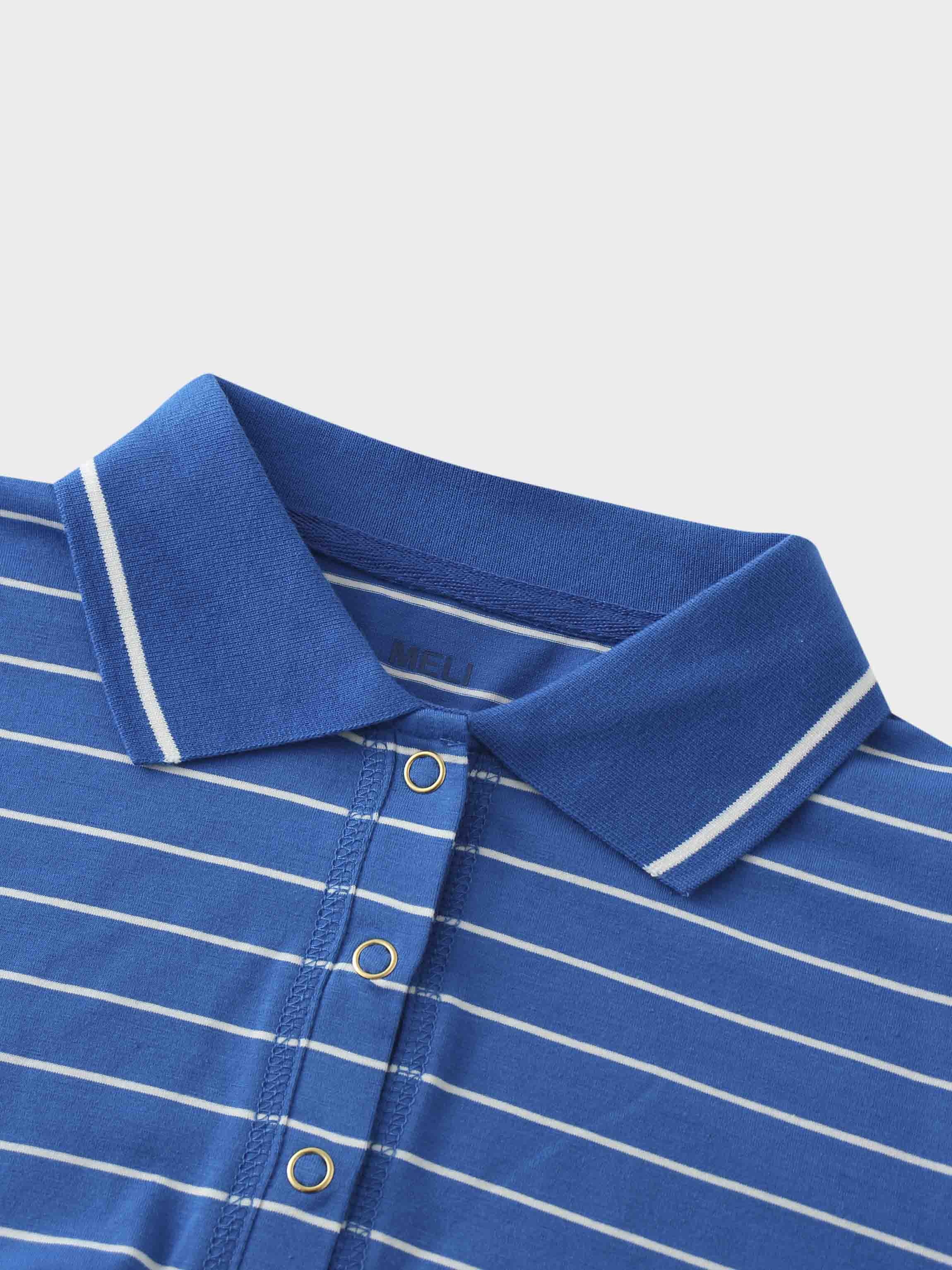 Striped Collar Snap Tee-Cobalt Blue/White