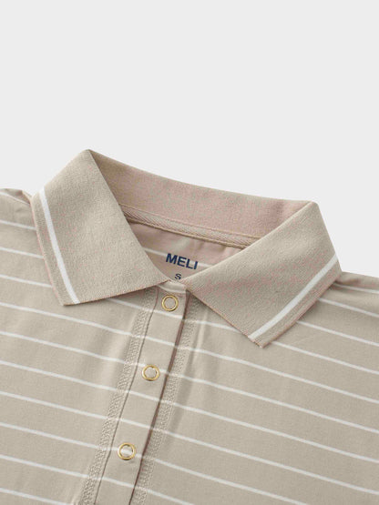 Striped Collar Snap Tee-Tan/White