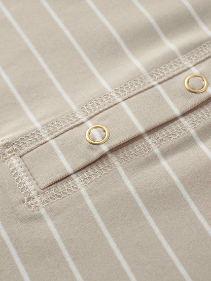Striped Collar Snap Tee-Tan/White