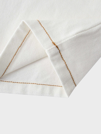 Leather Trim Denim Skirt-White