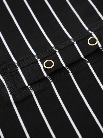 Striped Collar Snap Tee-Black/White