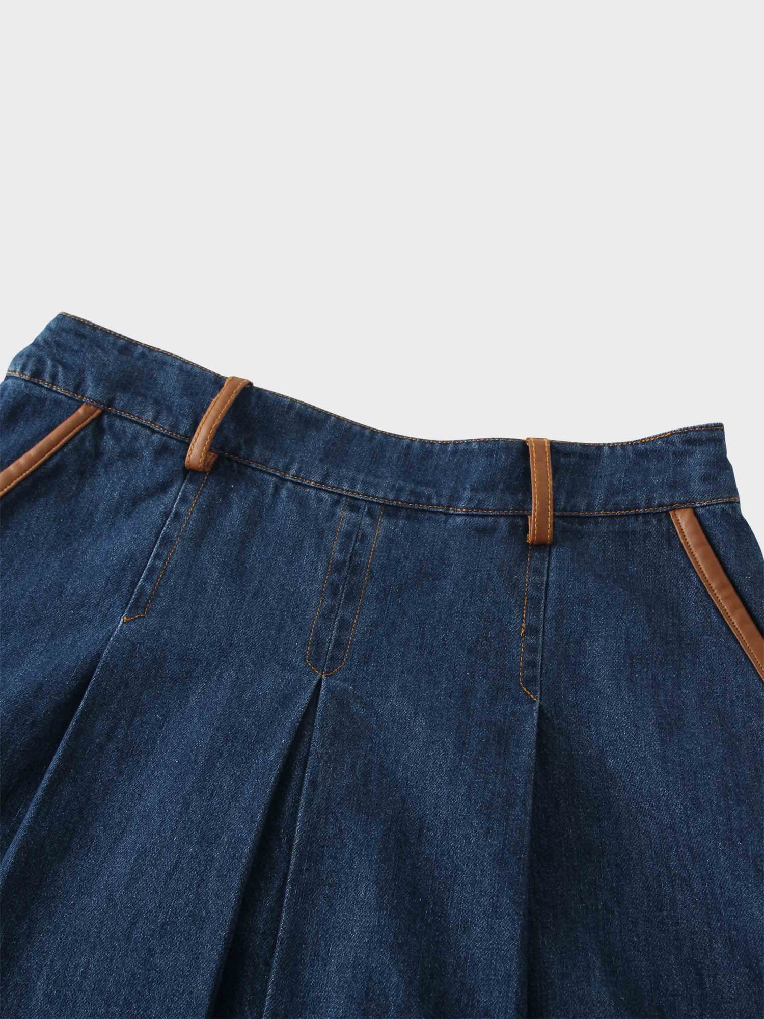 Leather Trim Denim Skirt-Blue