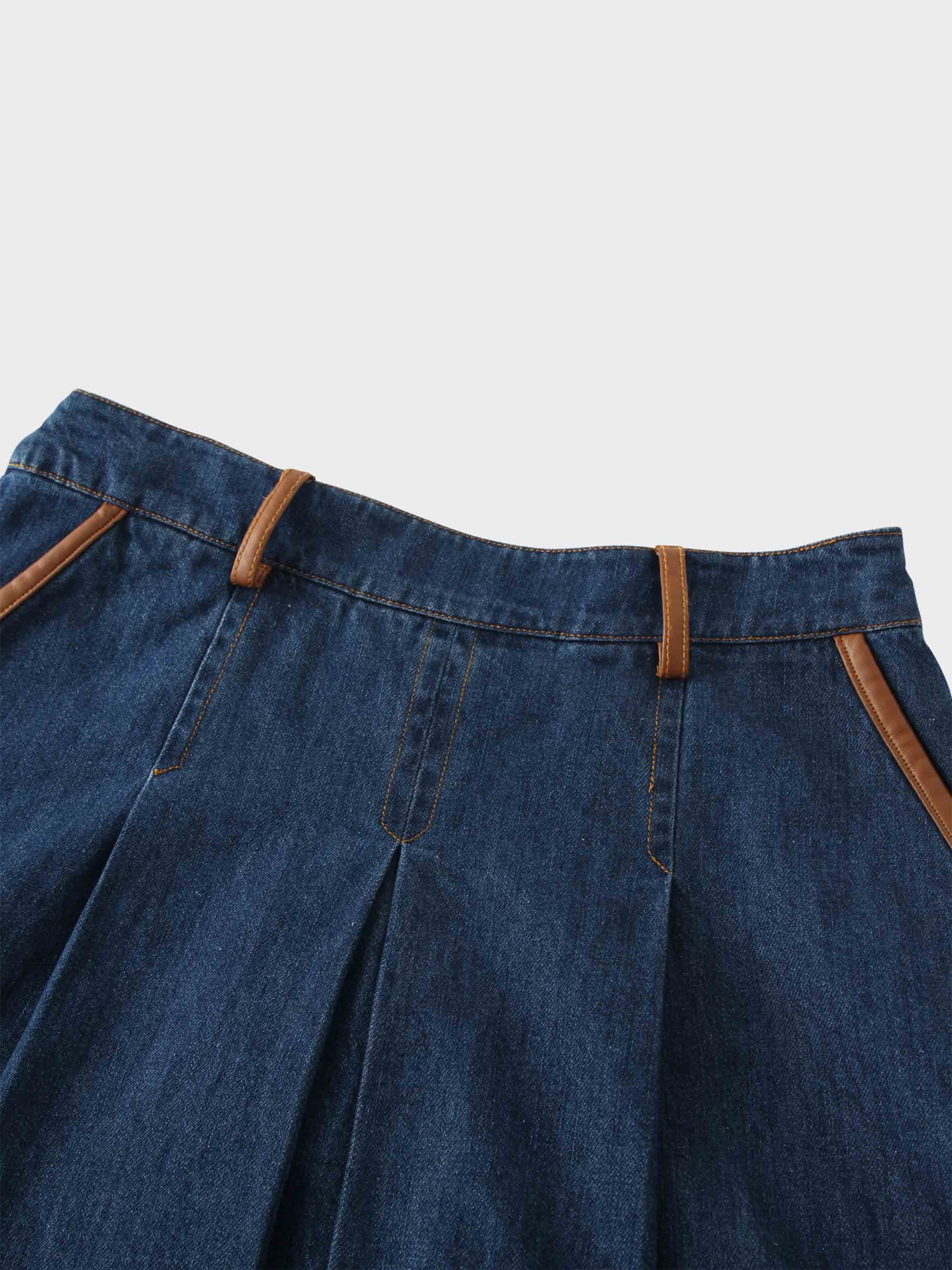 Leather Trim Denim Skirt-Blue
