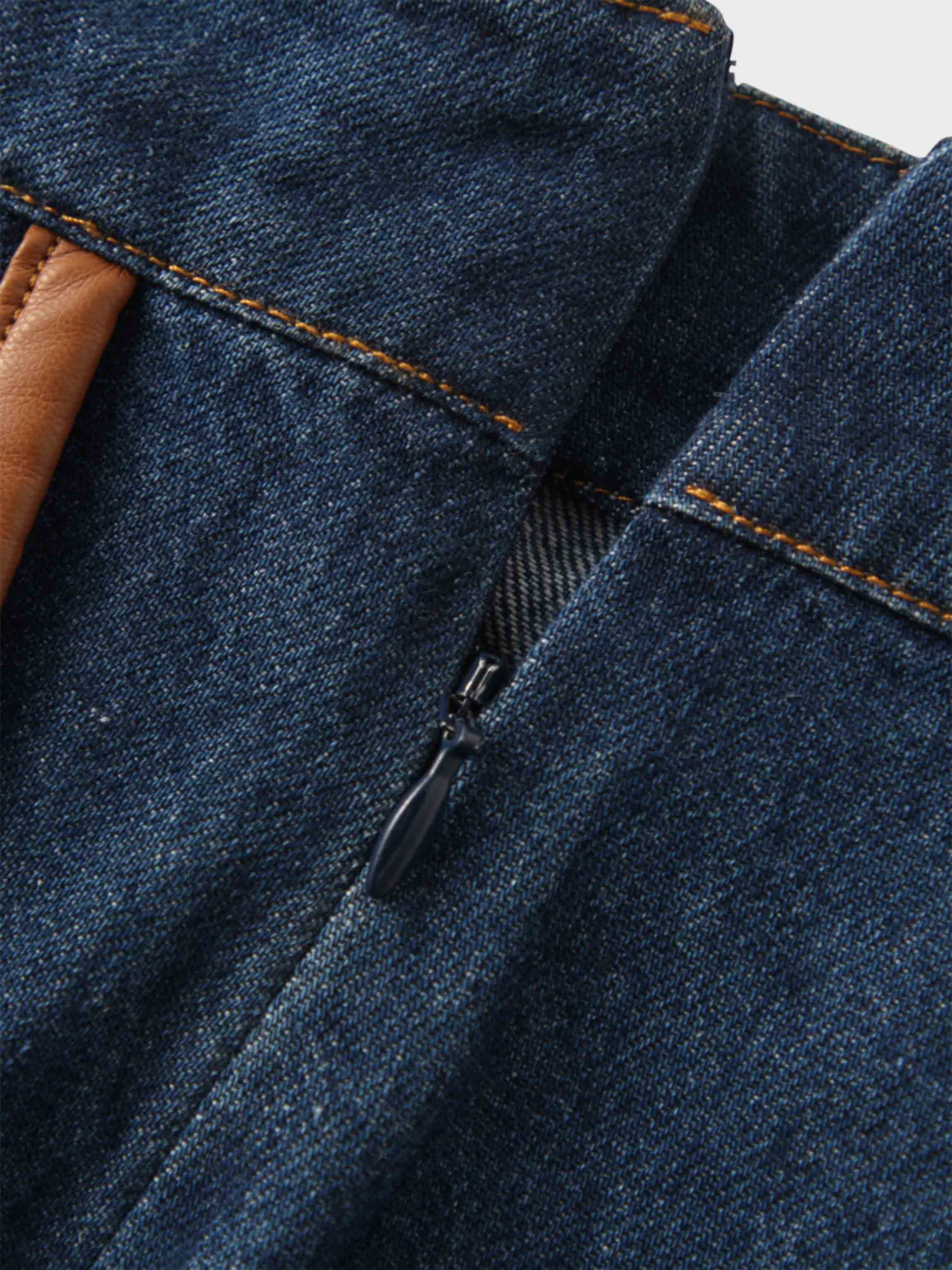 Leather Trim Denim Skirt-Blue