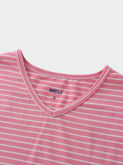 Flat Striped High V Long Sleeve-Pink/White