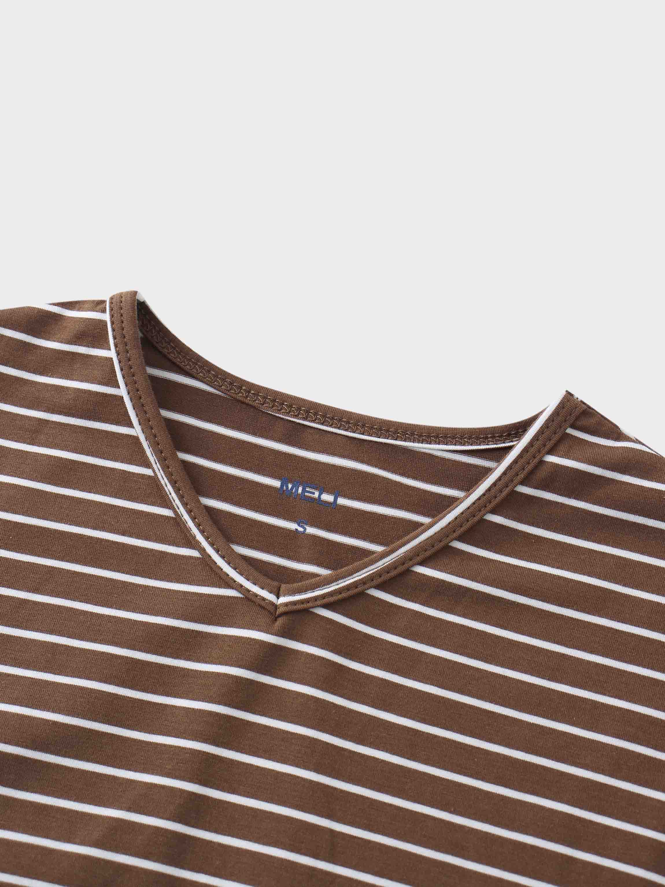Flat Striped High V Long Sleeve-Brown/White