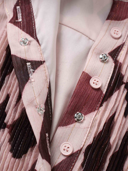 Pintuck Shimmer Print Blouse-Burgundy/Pink