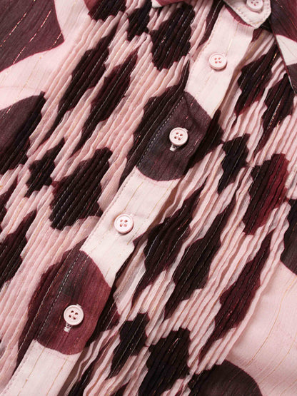 Pintuck Shimmer Print Blouse-Burgundy/Pink