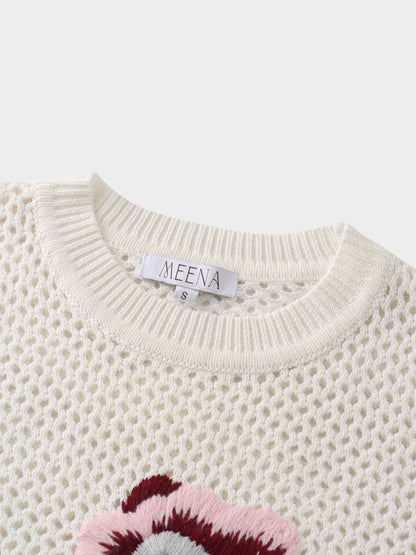 Embroidered Crochet Floral Sweater-Pink Floral