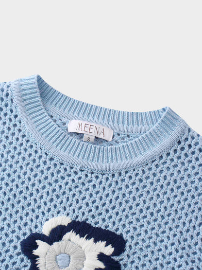 Embroidered Crochet Floral Sweater-Blue Floral