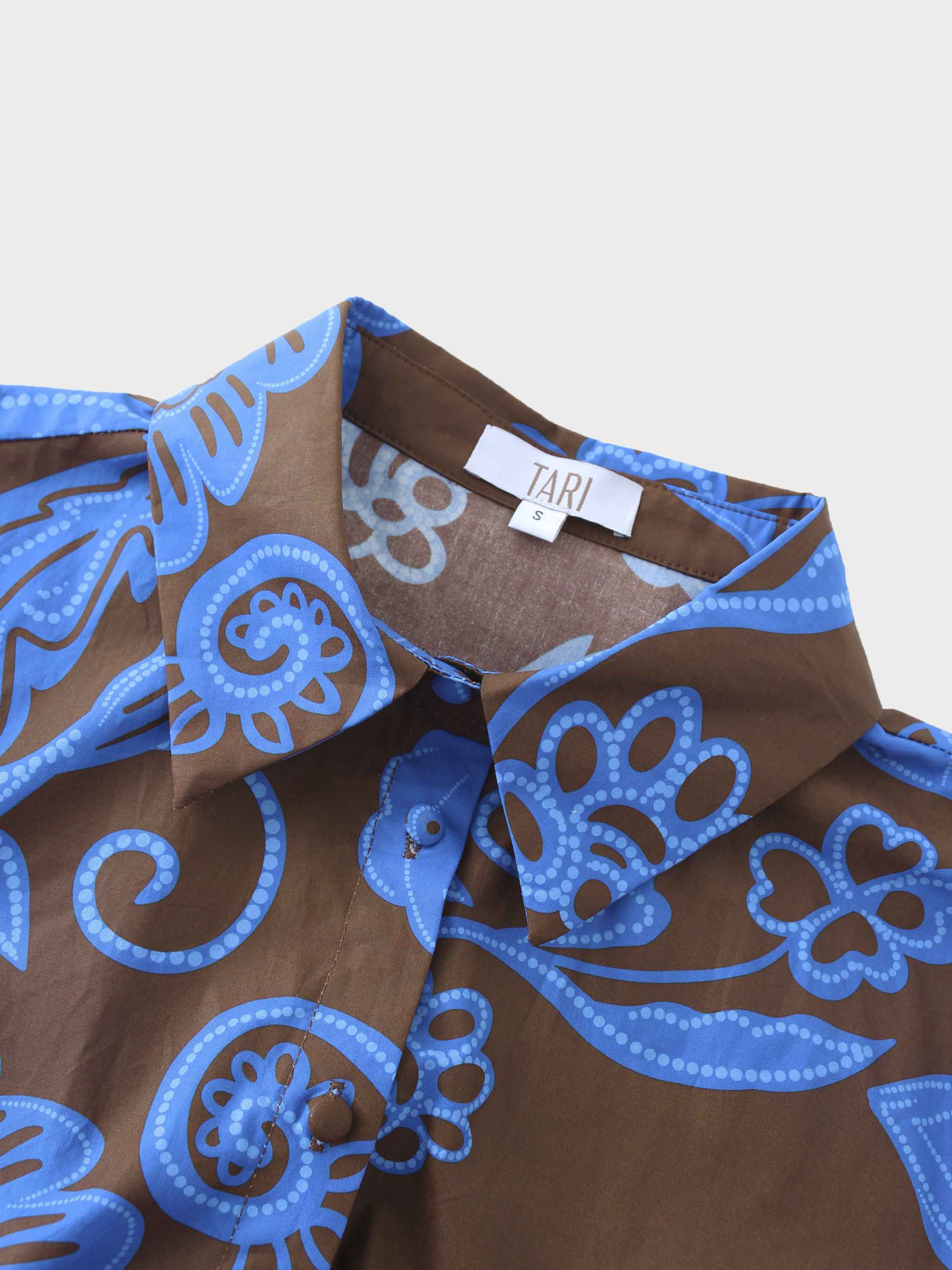 Elastic Waist Tiered Shirtdress-Brown/Blue Floral