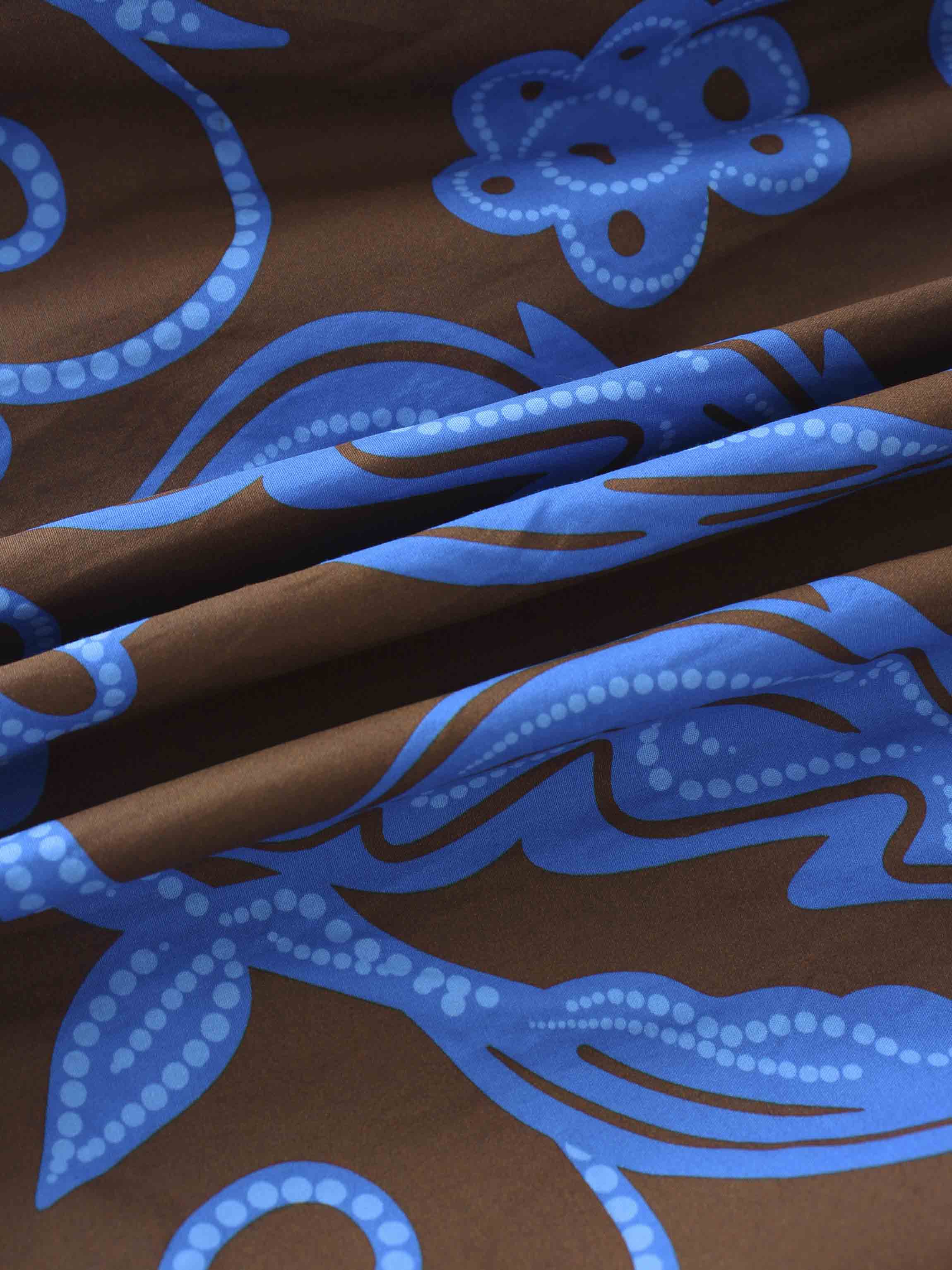 Elastic Waist Tiered Shirtdress-Brown/Blue Floral