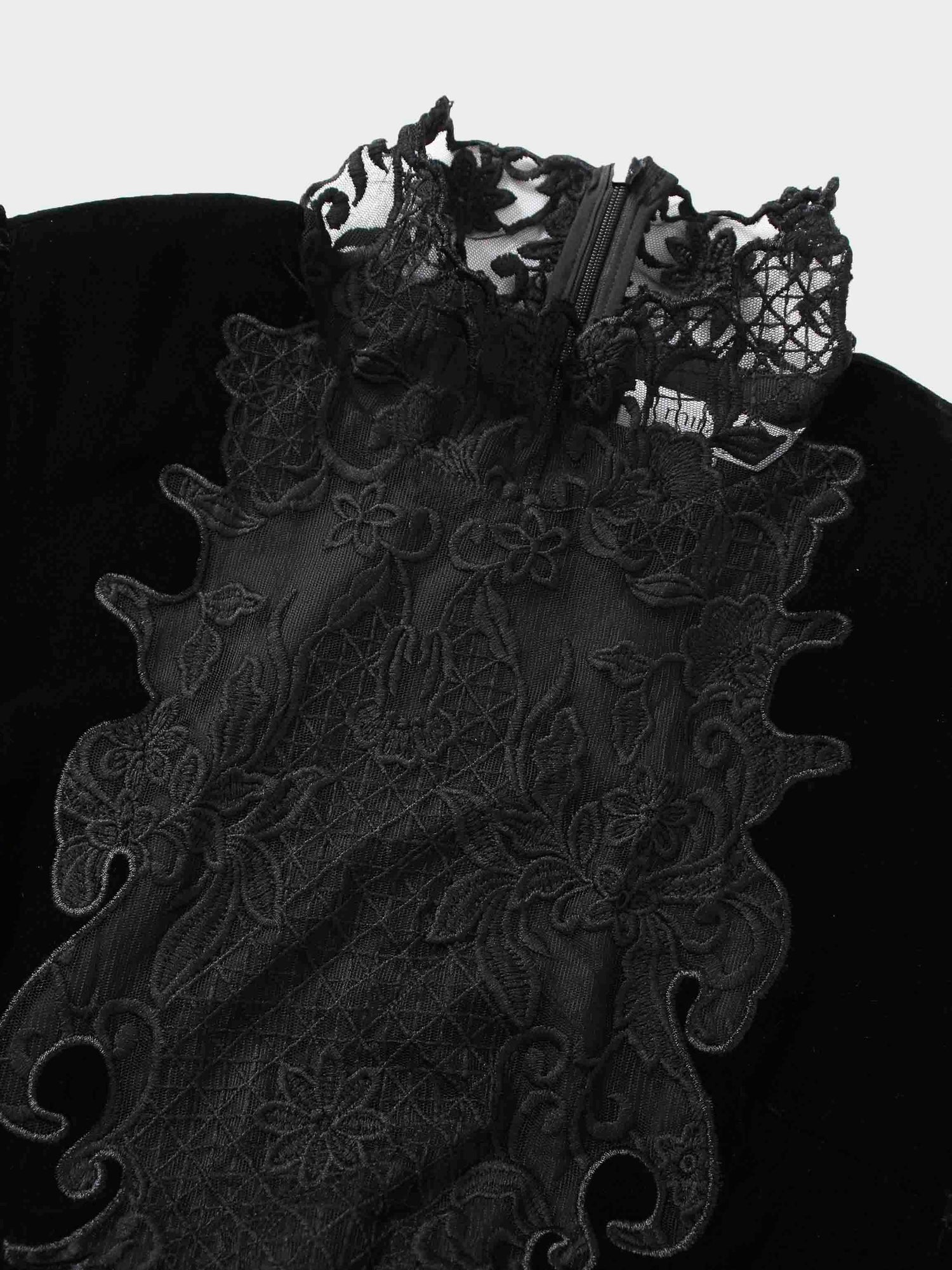 Lace Inlay Velvet Dress-Black