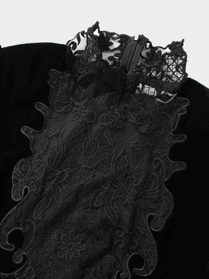 Lace Inlay Velvet Dress-Black