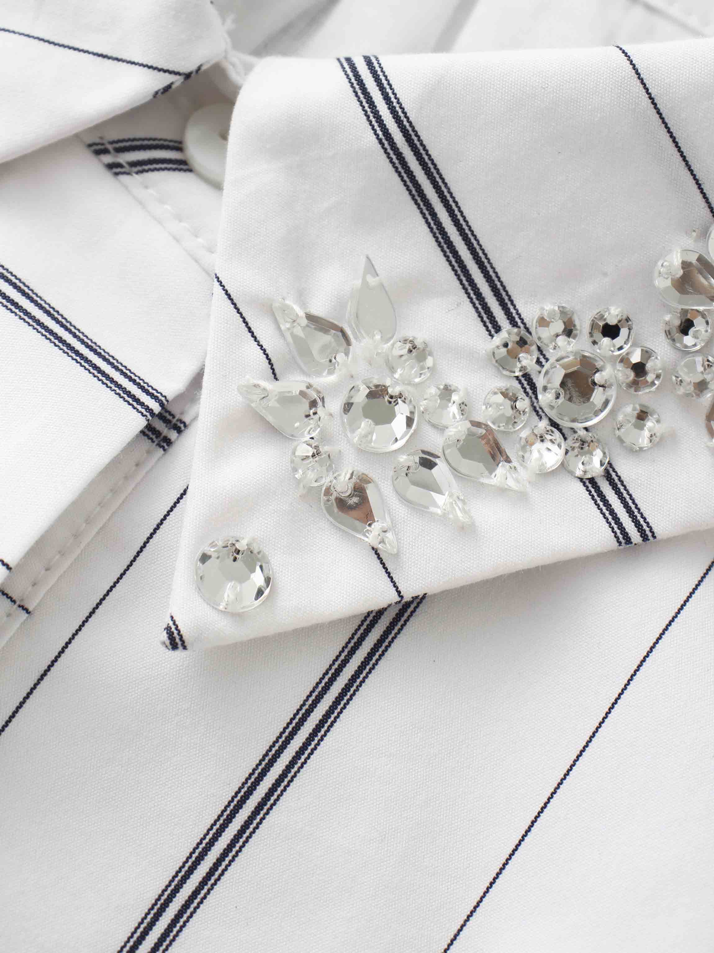 Jeweled Collar Belted Shirtdress-White Pinstripe