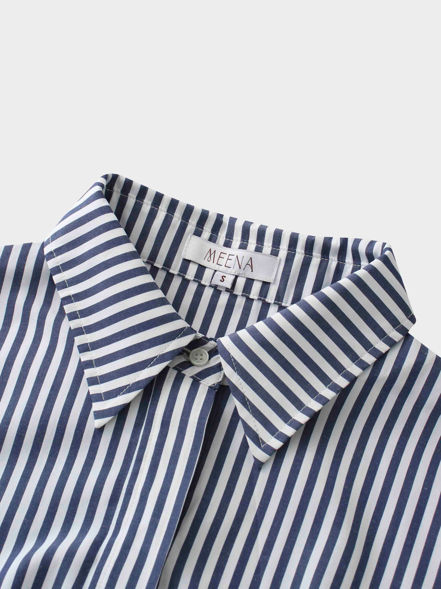 Pleat Bottom Waisted Shirtdress-Navy Pinstripe