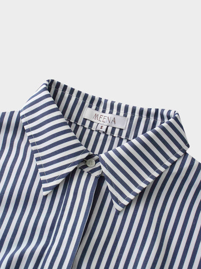 Pleat Bottom Waisted Shirtdress-Navy Pinstripe