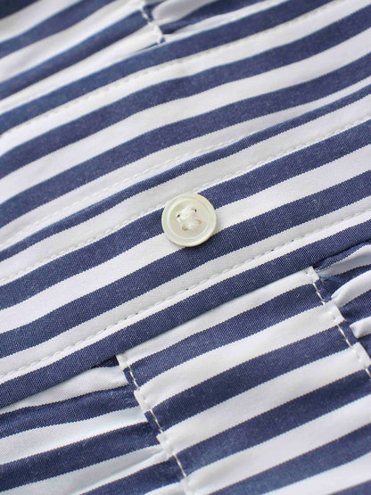 Pleat Bottom Waisted Shirtdress-Navy Pinstripe