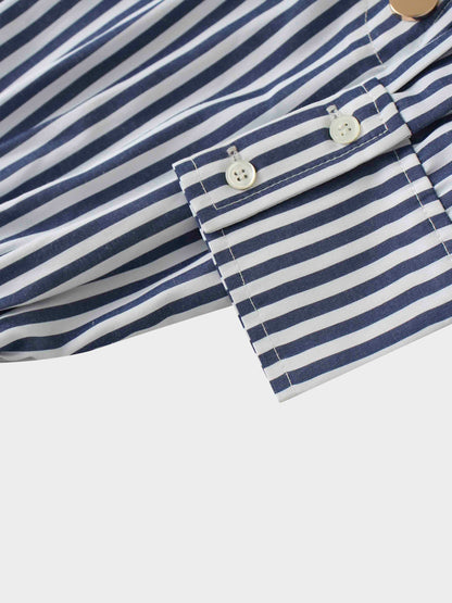 Pleat Bottom Waisted Shirtdress-Navy Pinstripe