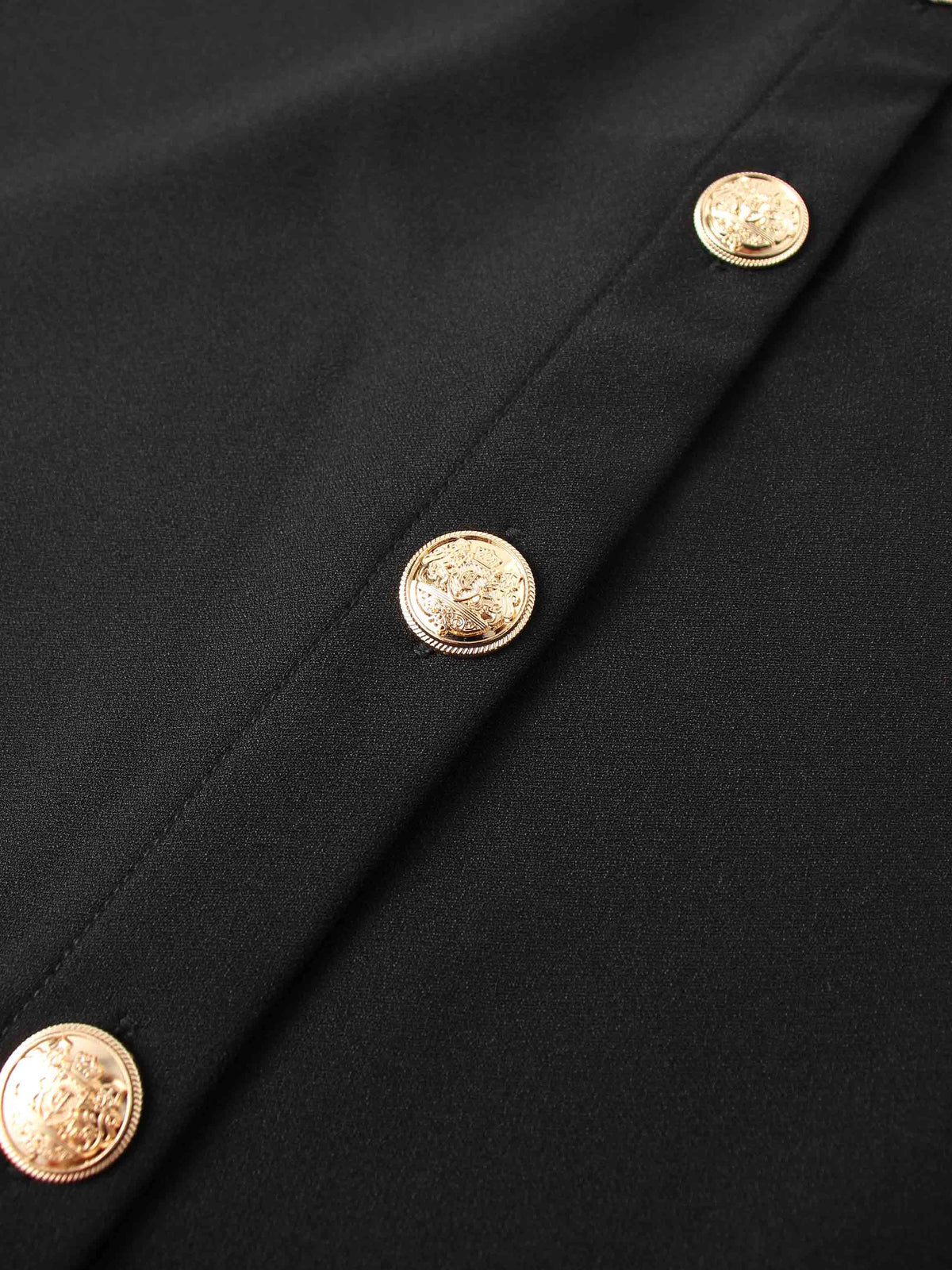 Gold Button Straight Pocket Skirt-Black