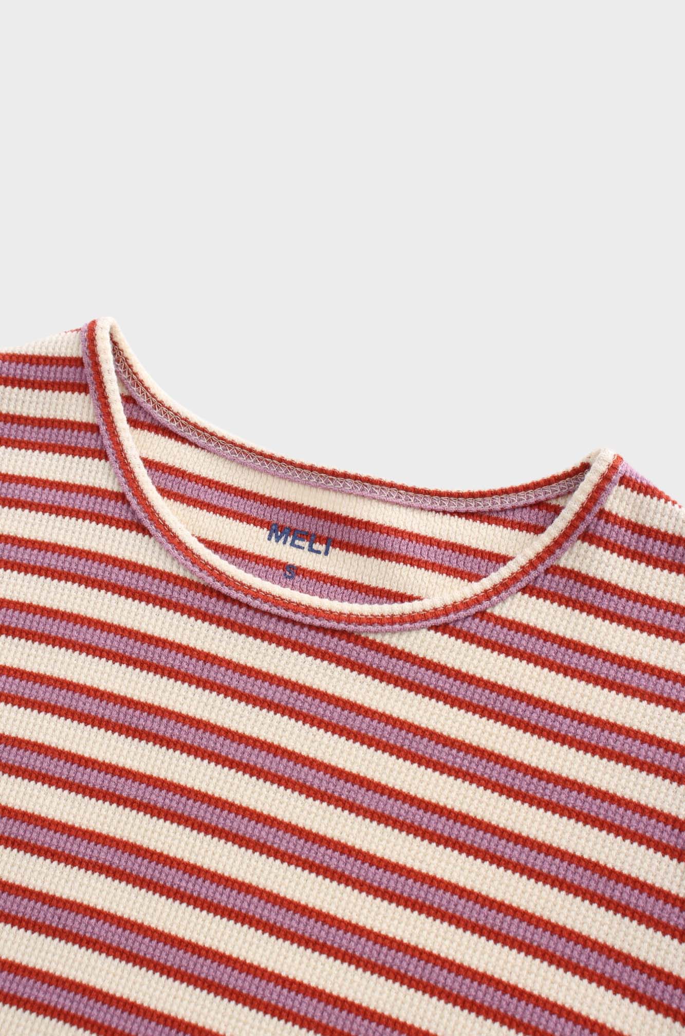 Waffle Striped Crew Tee-Cream/Berry/Lilac