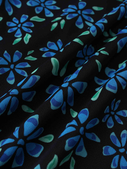 Mesh Mock Neck Top-Blue Floral