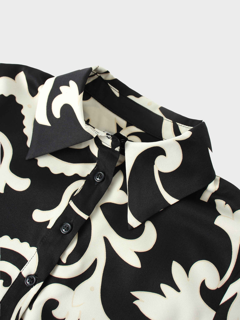 Long Button Down Shirtdress-Black/White Floral