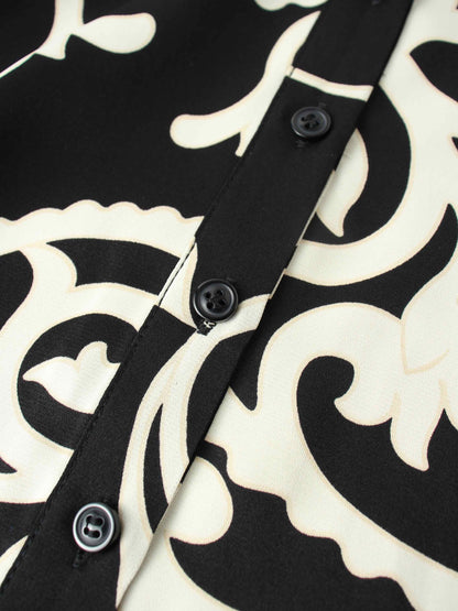 Long Button Down Shirtdress-Black/White Floral