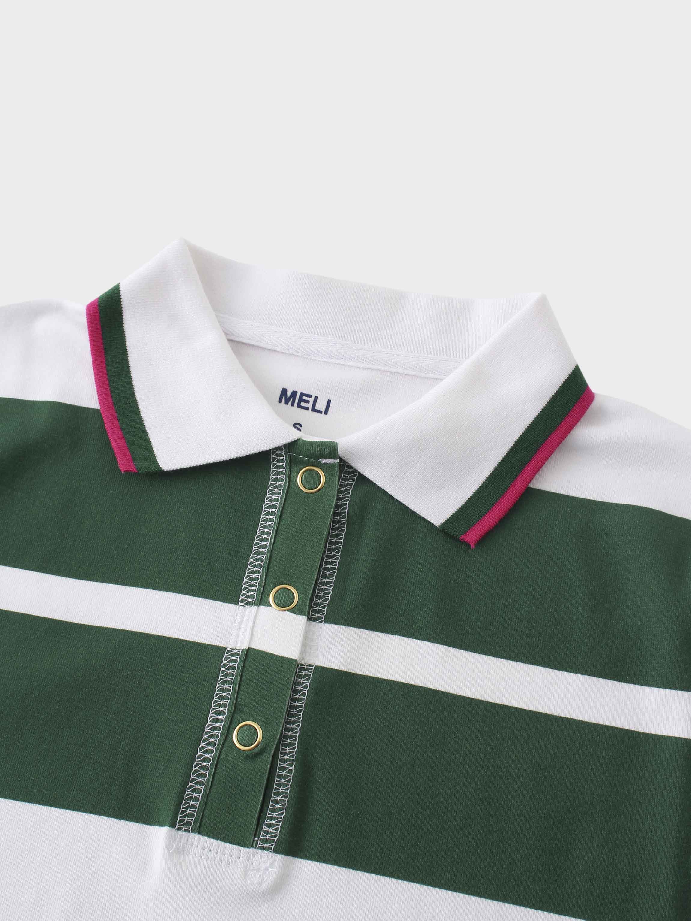 Printed Collar Snap Tee-Rugby Stripe