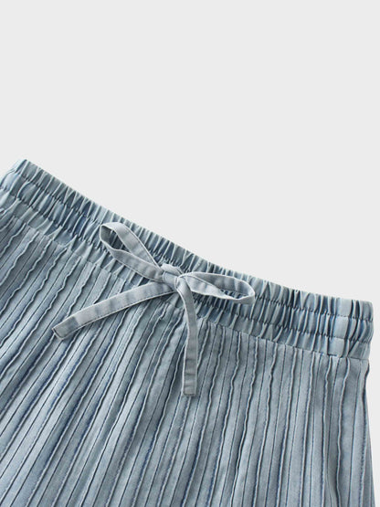 Stitched Micro Pleat Denim Skirt-Light Blue