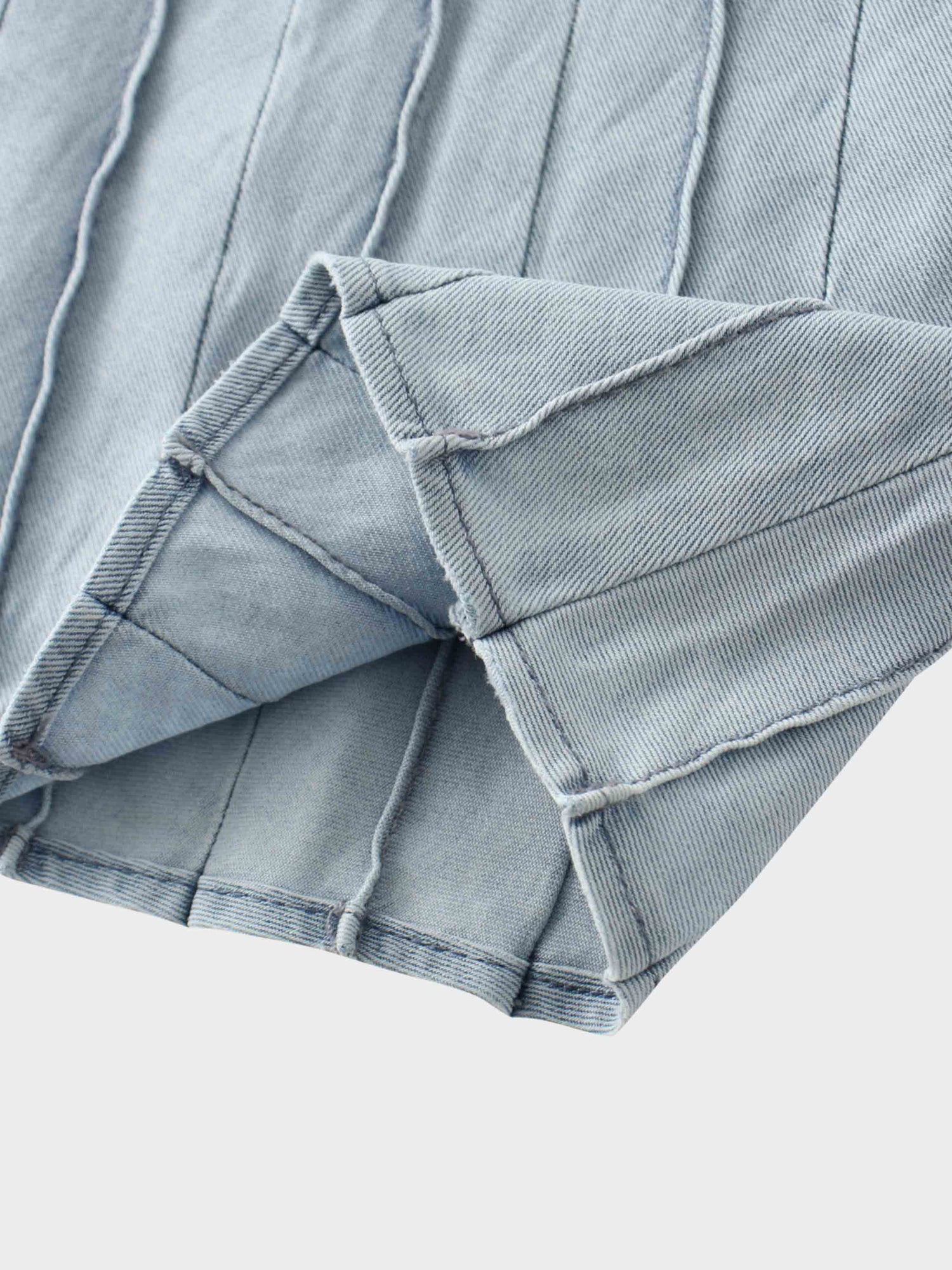 Stitched Micro Pleat Denim Skirt-Light Blue