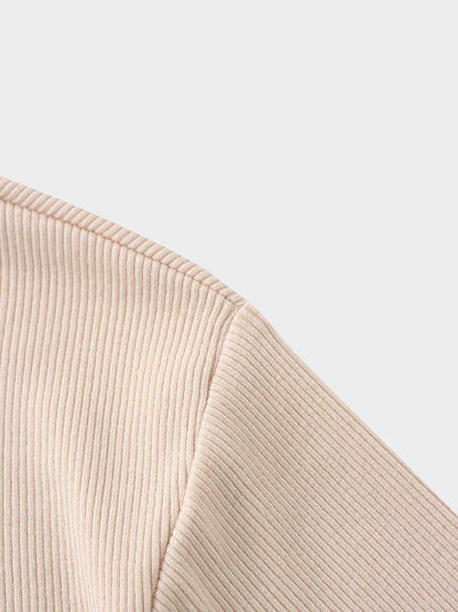 RIBBED HIGH V TEE LS-BEIGE