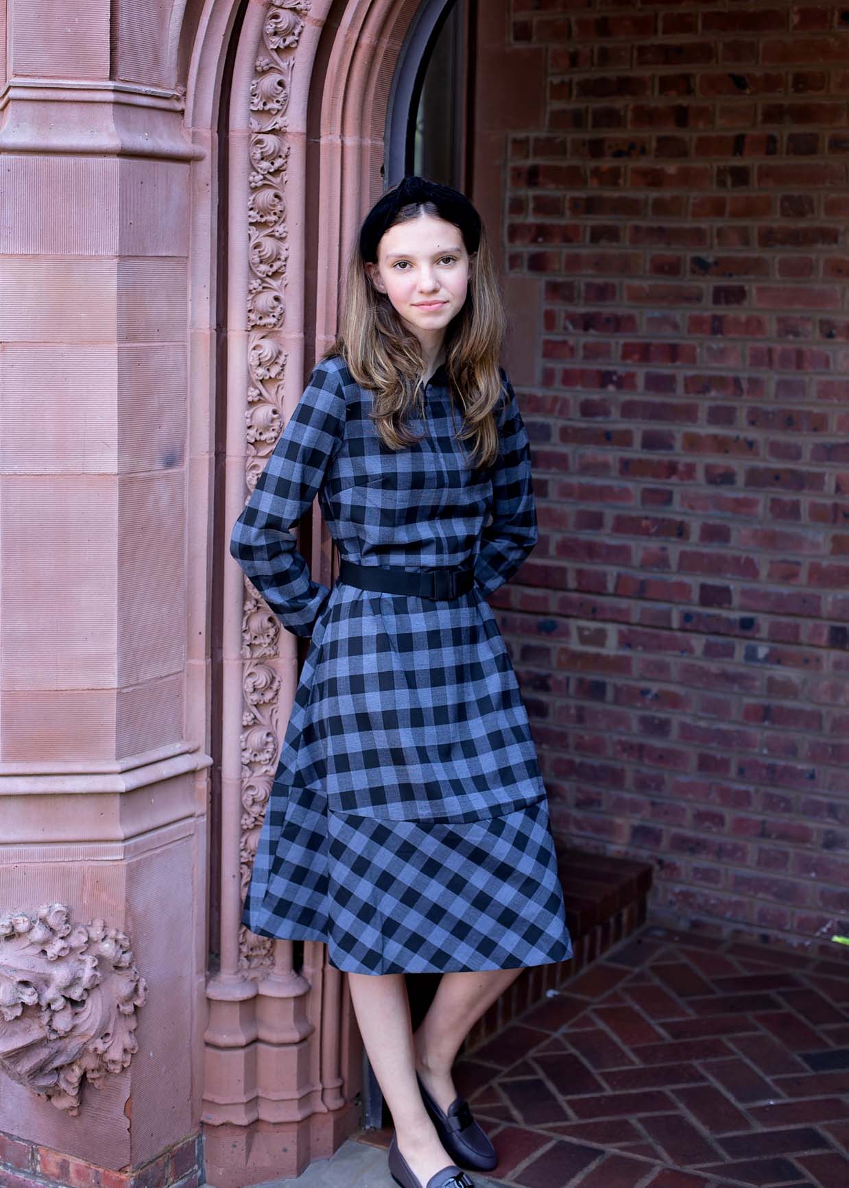 BELTED CHECK DRESS-GREY/BLACK