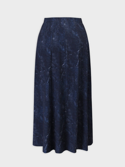Denim Printed Panel Skirt-Blue 36"