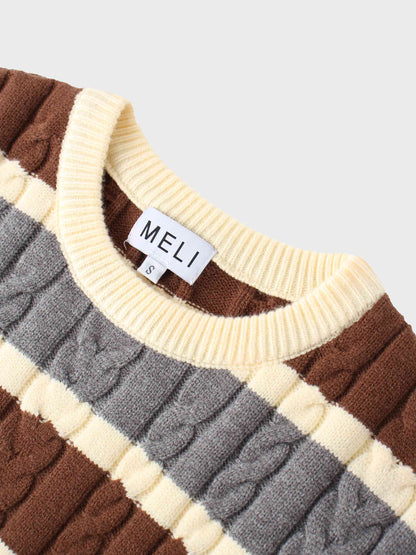 Cable Striped Sweater-Brown/Grey