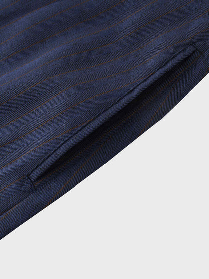 Herringbone Pinstripe Button Down A-Line Skirt-Navy/Brown