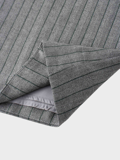 Herringbone Pinstripe Button Down A-Line Skirt-Grey/Green