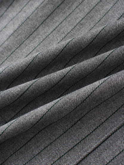 Herringbone Pinstripe Button Down A-Line Skirt-Grey/Green