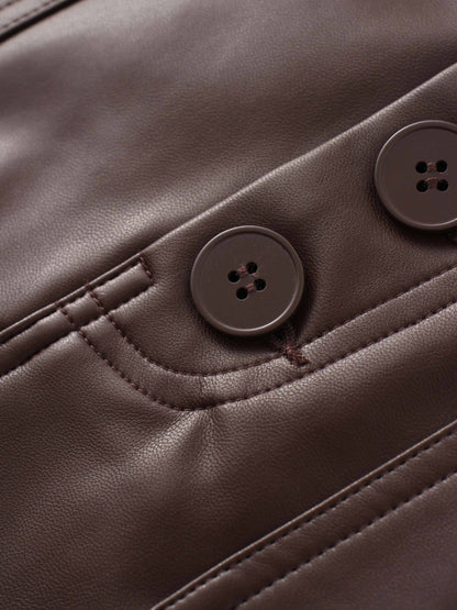 Front Pocket Straight Faux Leather Skirt-Brown