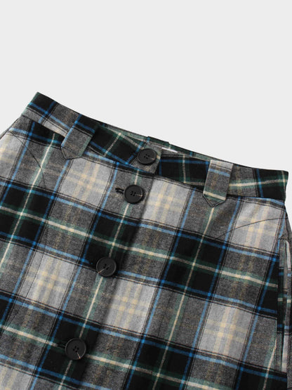 Plaid Button Down A-Line Skirt-Black/White/Blue