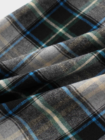 Plaid Button Down A-Line Skirt-Black/White/Blue